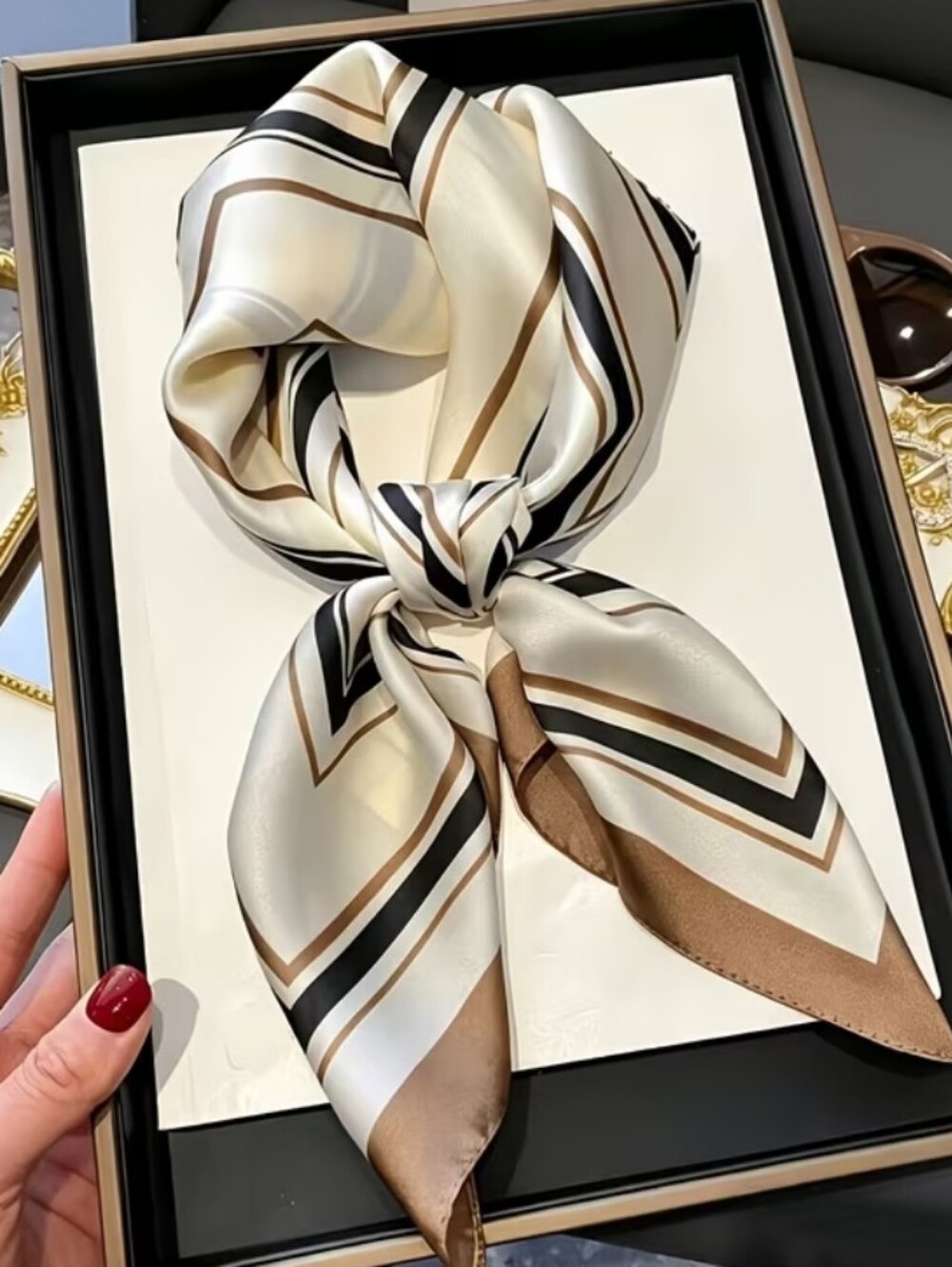 Silk-feel  Cream & Brown  Women Headscarf, Neckscarf